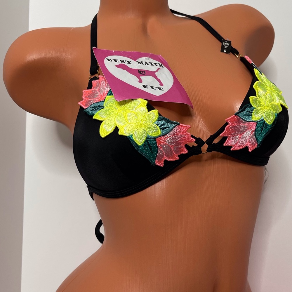 Victoria’s Secret PINK S Logo Push-up Bathing Suit Top Embroidered Appliqué